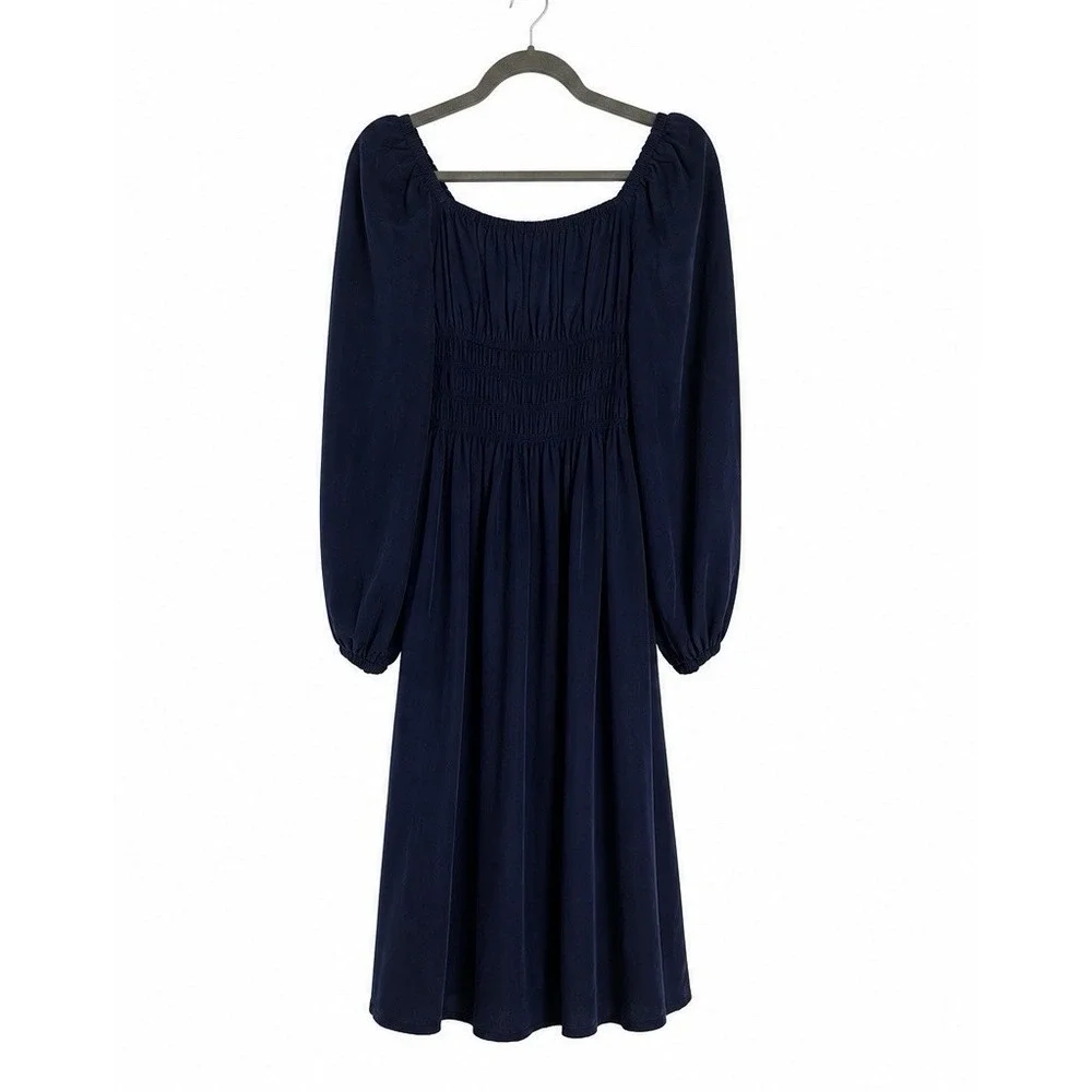 Hill House Home The Jasmine Nap Dress XXS Navy Blue Smocked Midi Long Sleeve NWT - Picture 4 of 13